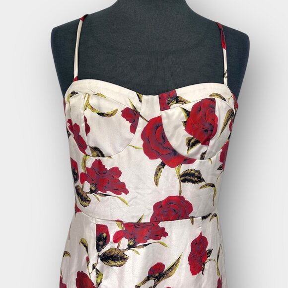 Retro Stage Rose Wiggle Dress Ivory Red Floral Pin‑Up 1950s M Midi - Picture 4 of 11